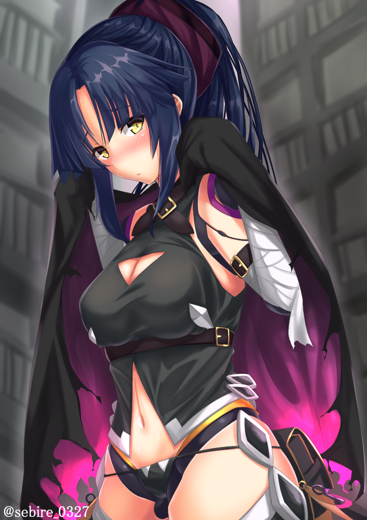 1girl :o arm_strap bandage bandaged_arm bandages black_hair black_panties blush breasts cape cleavage cleavage_cutout commentary_request cosplay fate/grand_order fate_(series) hair_ribbon jack_the_ripper_(fate/apocrypha) jack_the_ripper_(fate/apocrypha)_(cosplay) katou_danzou_(fate/grand_order) long_hair looking_at_viewer navel panties purple_ribbon ribbon sebire solo twitter_username underwear yellow_eyes