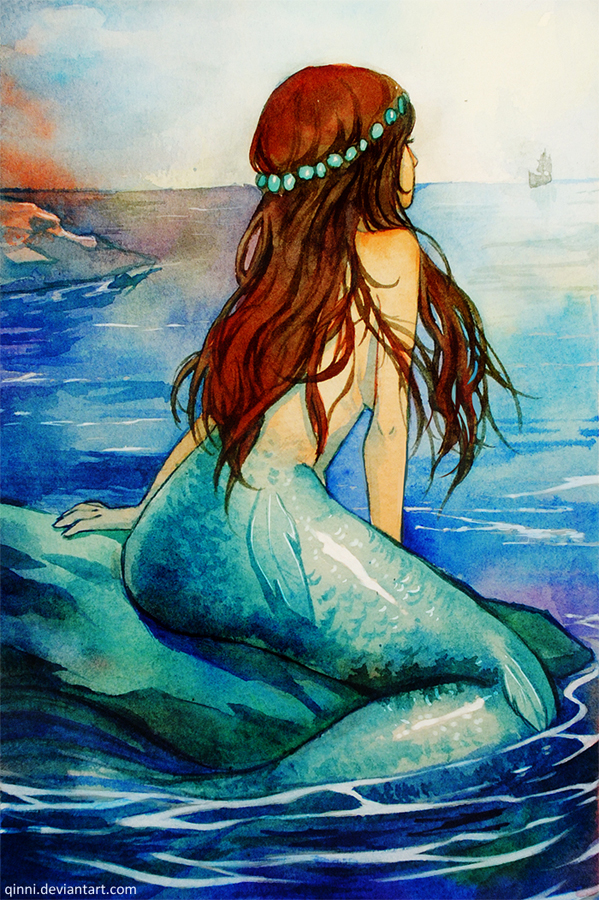 1girl arm_at_side arm_support artist_name breasts brown_hair commentary_request deviantart_username from_behind long_hair medium_breasts mermaid monster_girl nude ocean original qinni solo traditional_media water watercolor_(medium) watermark web_address