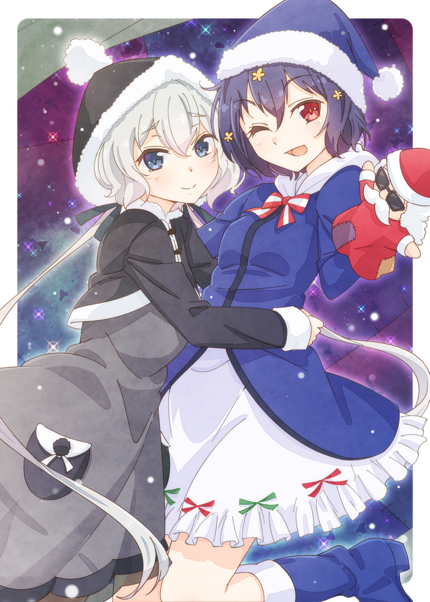 2girls ;d bangs black_dress black_hair black_hat black_jacket black_ribbon blue_eyes blue_hat blue_jacket christmas commentary_request cropped_jacket dress e20 frilled_dress frills fur-trimmed_hat grey_hair hair_ribbon hand_puppet hat highres hood hood_down hooded_jacket hug jacket konno_junko long_hair long_sleeves looking_at_viewer mizuno_ai multiple_girls night night_sky one_eye_closed open_mouth patch pocket puppet red_eyes red_neckwear ribbon short_hair sky smile striped striped_neckwear very_long_hair white_dress zombie_land_saga