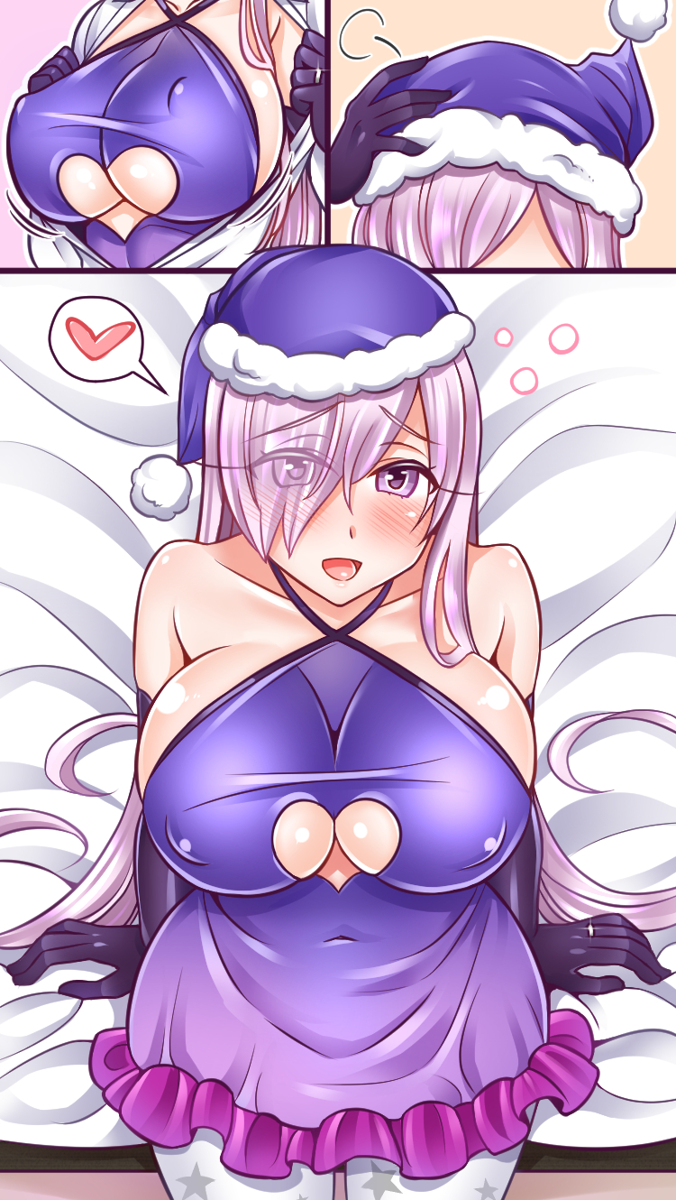 1girl bed blush breasts cleavage covered_nipples elbow_gloves eyes_visible_through_hair fate/grand_order fate_(series) gloves hair_over_one_eye hat heart highres jewelry large_breasts lavender_hair long_hair looking_at_viewer mabo-udon mash_kyrielight older on_bed open_mouth ring santa_hat sitting sitting_on_bed smile solo spoken_heart under_boob underboob_cutout very_long_hair violet_eyes