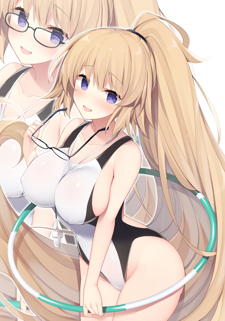 1girl bangs black-framed_eyewear blonde_hair blush breasts competition_swimsuit covered_nipples eyebrows_visible_through_hair eyewear_removed fate_(series) glasses groin highres holding holding_eyewear hoop hula_hoop jeanne_d'arc_(fate) jeanne_d'arc_(fate)_(all) large_breasts long_hair looking_at_viewer miko_92 multiple_views one-piece_swimsuit open_mouth sidelocks skindentation smile solo swimsuit very_long_hair whistle
