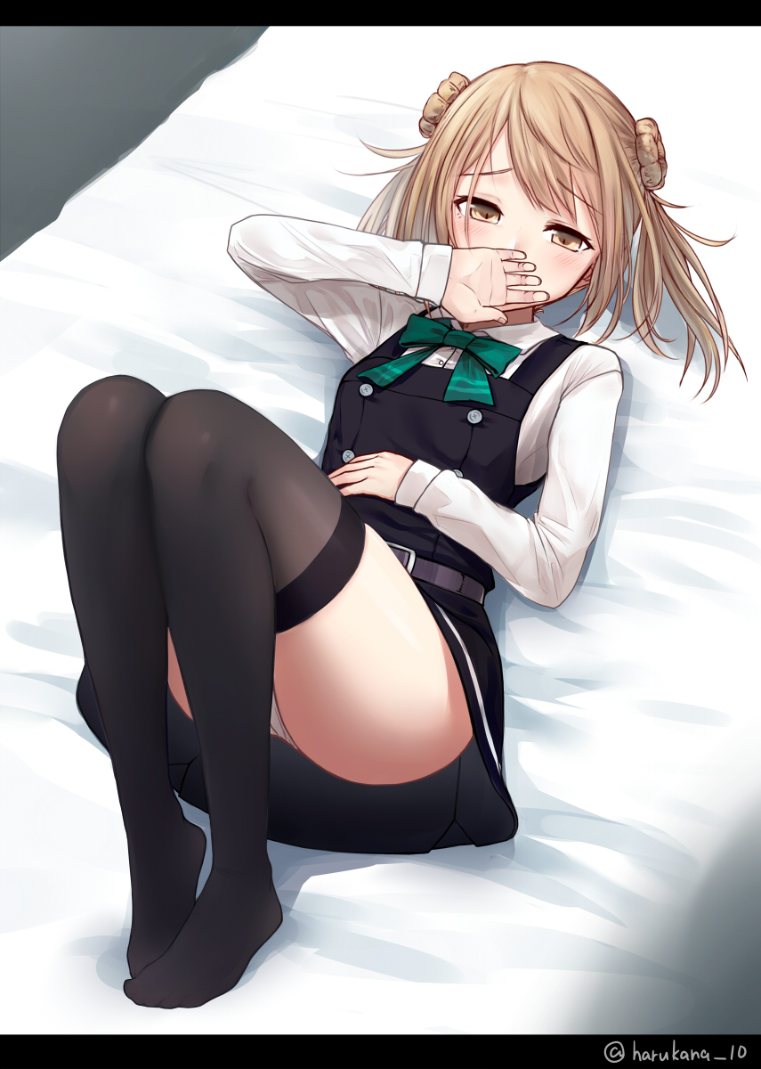 1girl ascot bed black_legwear blush breasts commentary_request covering_mouth double_bun dress eyebrows_visible_through_hair from_above full_body green_neckwear hair_bun hair_flaps hand_on_own_stomach hand_over_own_mouth harukana_(harukana_10) highres kantai_collection light_brown_hair long_sleeves looking_at_viewer lying michishio_(kantai_collection) no_shoes on_back panties pillarboxed pinafore_dress remodel_(kantai_collection) revision shirt short_sleeves short_twintails small_breasts solo thigh-highs twintails twitter_username underwear white_panties white_shirt yellow_eyes