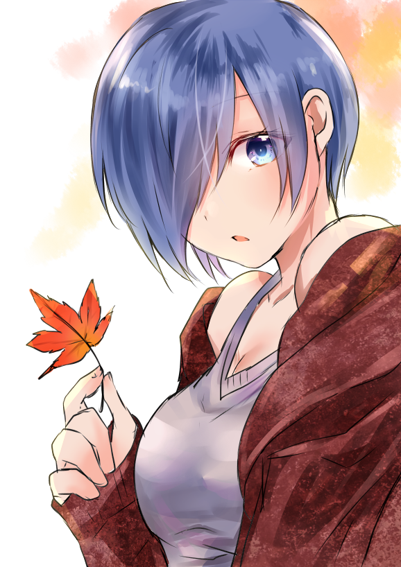 1girl bare_shoulders blue_hair breasts chii_(sbshop) collarbone commentary_request dot_nose eyebrows_visible_through_hair eyes_visible_through_hair grey_shirt hair_over_one_eye holding holding_leaf jacket kirishima_touka leaf light_background looking_at_viewer medium_breasts multicolored multicolored_background open_eyes open_mouth red_jacket shirt short_hair simple_background solo tokyo_ghoul violet_eyes
