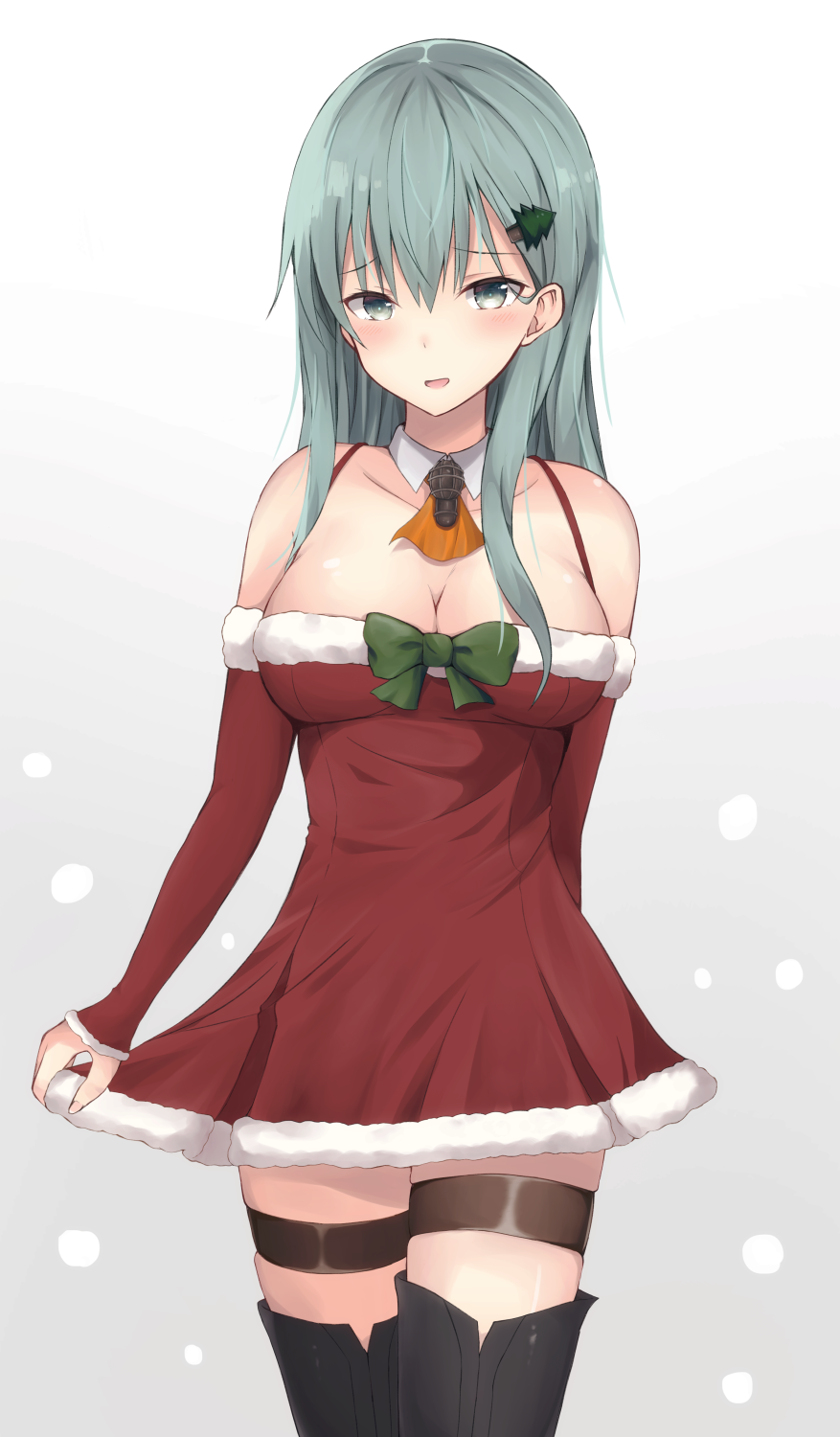 1girl ascot bangs bare_shoulders black_legwear blush bow breasts christmas cleavage collarbone cowboy_shot detached_collar detached_sleeves dress fur_trim gradient gradient_background green_bow green_eyes green_hair grey_background hair_ornament hairclip highres kantai_collection long_hair long_sleeves looking_at_viewer medium_breasts orange_neckwear parted_lips red_dress santa_costume skindentation skirt_hold sleeves_past_wrists smile solo spaghetti_strap standing suzuya_(kantai_collection) textless thigh-highs thigh_strap white_background yuzuzukushi