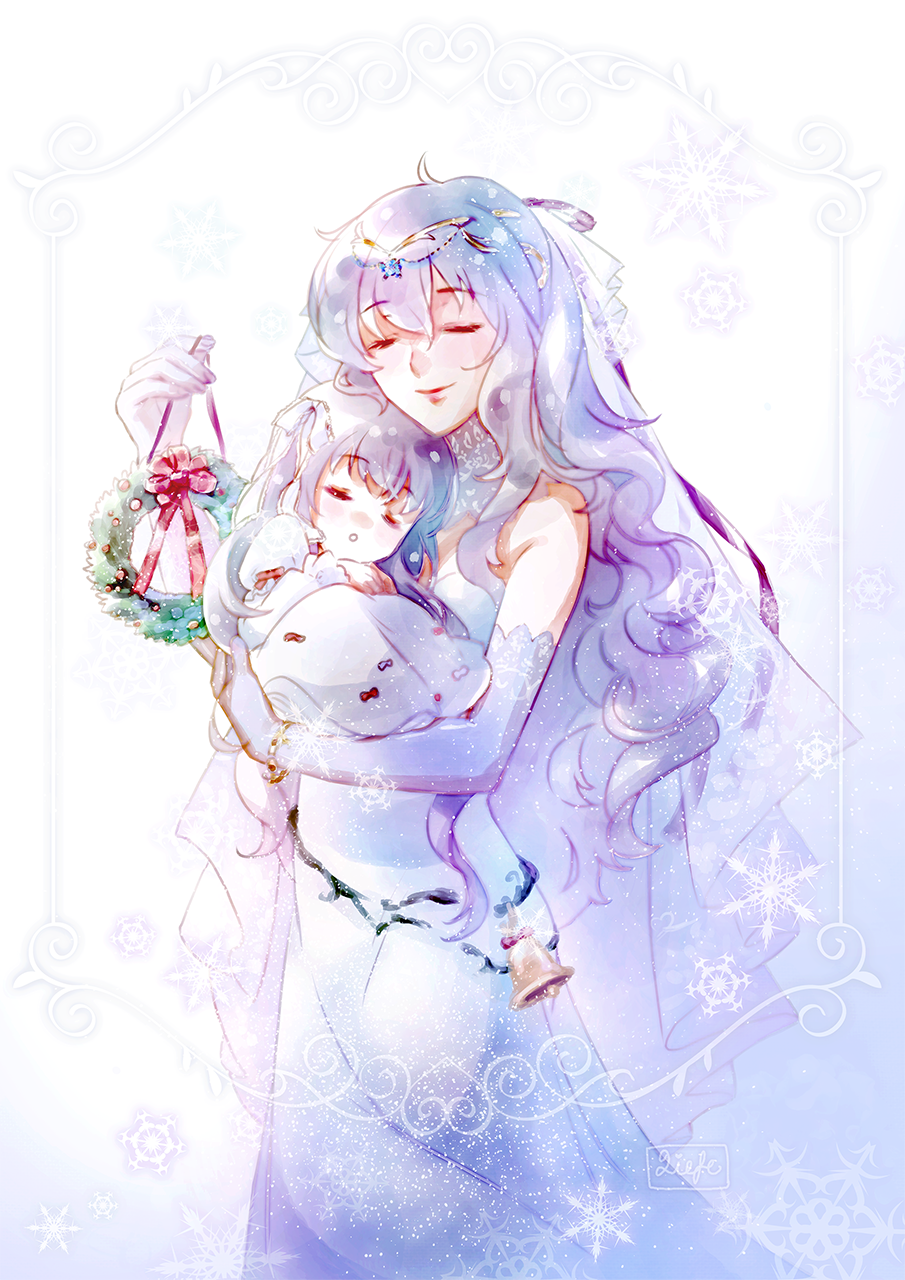 2girls baby blue_hair blush carrying christmas circlet closed_eyes diadora_(fire_emblem) dress fire_emblem fire_emblem:_seisen_no_keifu highres holding jewelry lavender_hair liefe long_hair mother_and_daughter multiple_girls nintendo purple_hair short_hair sleeping smile violet_eyes younger yuria_(fire_emblem)