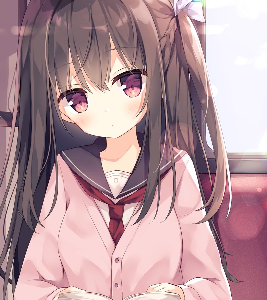 1girl bangs black_sailor_collar blush brown_hair cardigan closed_mouth commentary_request day eyebrows_visible_through_hair hair_between_eyes hair_ribbon hoshi_(snacherubi) long_hair long_sleeves one_side_up original pink_cardigan pink_ribbon red_eyes red_neckwear ribbon sailor_collar school_uniform seat serafuku shirt sitting solo sunlight upper_body very_long_hair white_shirt window