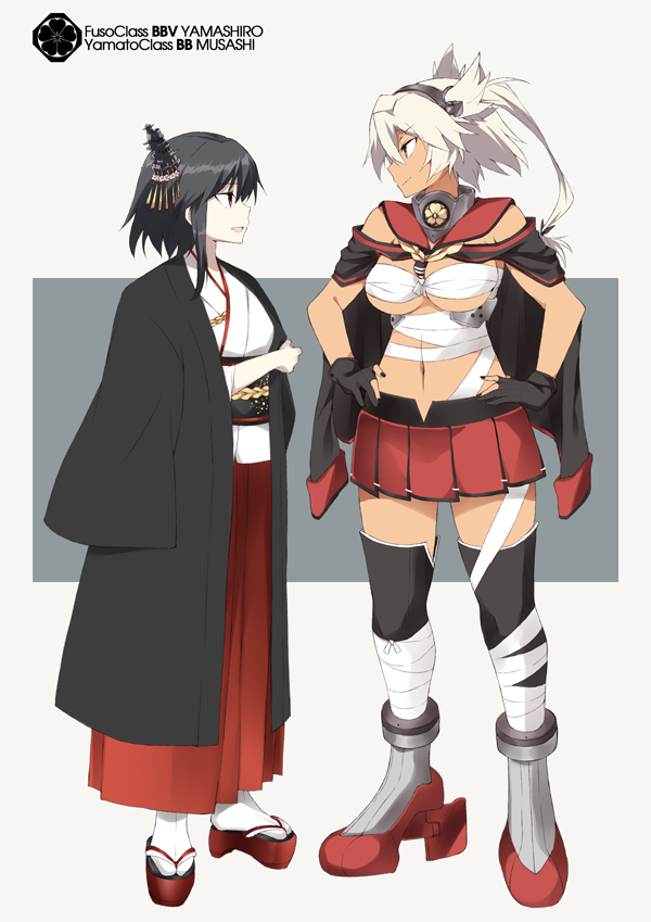 2girls bandage black_gloves black_hair black_kimono black_legwear breasts brown_eyes budget_sarashi capelet character_name collar dark_skin full_body gloves hair_between_eyes hair_ornament hakama_skirt haori japanese_clothes kantai_collection kimono large_breasts looking_at_another midriff miniskirt multiple_girls musashi_(kantai_collection) navel no_eyewear nontraditional_miko over_shoulder partly_fingerless_gloves pleated_skirt red_eyes red_skirt sandals sarashi short_hair short_hair_with_long_locks skirt souji standing tall thigh-highs twintails two_side_up white_hair white_legwear yamashiro_(kantai_collection) zettai_ryouiki