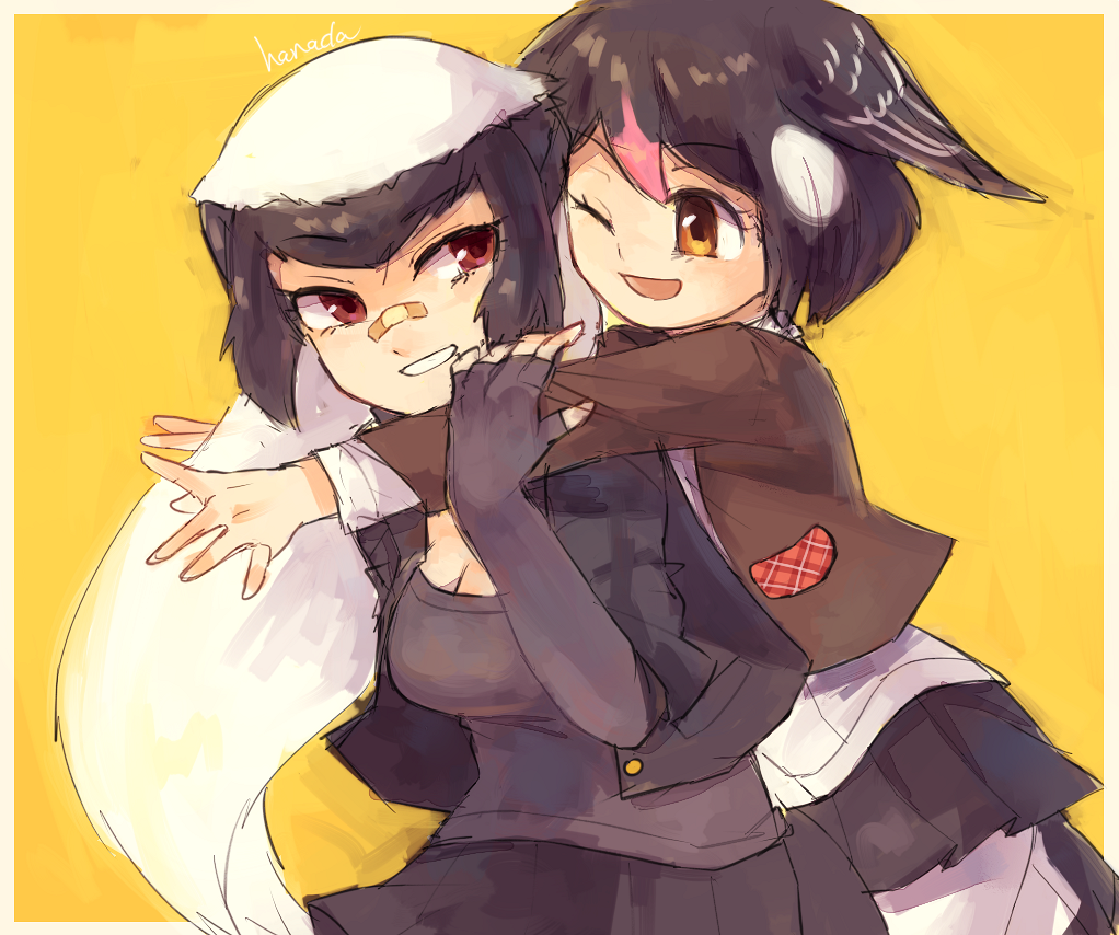 2girls ;d animal_ears artist_name badger_ears bandaid bandaid_on_nose bangs behind_another bird_wings black_hair black_jacket black_skirt breasts brown_eyes brown_jacket buttons camisole cleavage commentary_request eyebrows_visible_through_hair friends from_side greater_honeyguide_(kemono_friends) hanada_(cobalt003) hand_up hands_up happy head_on_head head_wings honey_badger_(kemono_friends) hug hug_from_behind jacket kemono_friends long_hair long_sleeves looking_at_another looking_back miniskirt multicolored_hair multiple_girls one_eye_closed open_clothes open_jacket open_mouth orange_eyes outstretched_arms outstretched_hand pink_hair plaid shirt short_sleeves simple_background sketch skirt smile spread_fingers two-tone_hair unbuttoned upper_body very_long_hair white_hair white_shirt wings yellow_background