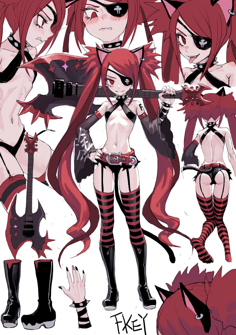 1girl :p angry animal_ears ass back belt bikini biting black_bikini black_collar black_footwear blush boots bracelet breasts carrying_over_shoulder cat_ears cat_tail character_sheet clenched_teeth clothes_writing collar criss-cross_halter detached_sleeves ear_piercing eyepatch fkey full_body garter_straps guitar halter_top halterneck highres instrument jewelry lip_biting long_hair long_sleeves looking_at_viewer multiple_views nail_polish navel nose_blush original parted_lips piercing red_eyes redhead small_breasts smile solo spiked_bracelet spiked_collar spikes standing striped striped_legwear swimsuit tail teeth thigh-highs tongue tongue_out twintails v-shaped_eyebrows very_long_hair weapon wide_sleeves