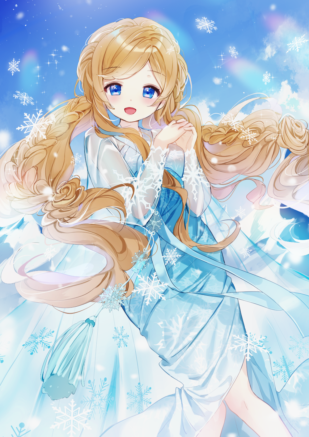 1girl :d blue_dress blue_eyes blue_sky blush braid breasts clouds cloudy_sky commission day dress hands_up highres light_brown_hair long_hair long_sleeves looking_at_viewer low_twintails mullpull open_mouth original outdoors see-through see-through_sleeves sky small_breasts smile snowflakes solo twintails very_long_hair