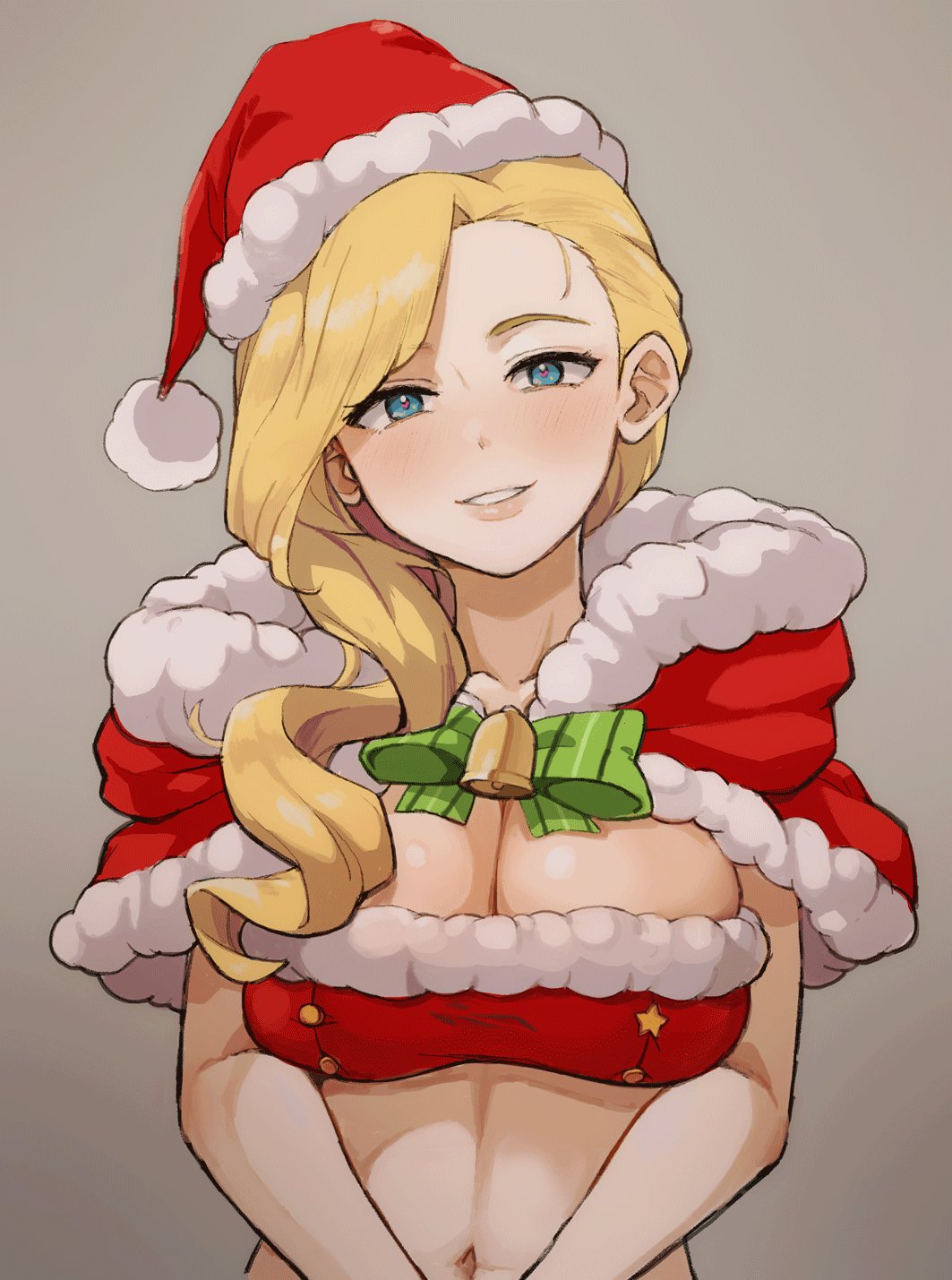 1girl azur_lane bangs blonde_hair blue_eyes blush breasts cleavage collarbone commentary_request geso_smith grey_background hair_over_shoulder hat head_tilt heart heart-shaped_pupils highres hood_(azur_lane) large_breasts long_hair looking_at_viewer navel parted_lips red_hat santa_costume simple_background smile solo symbol-shaped_pupils