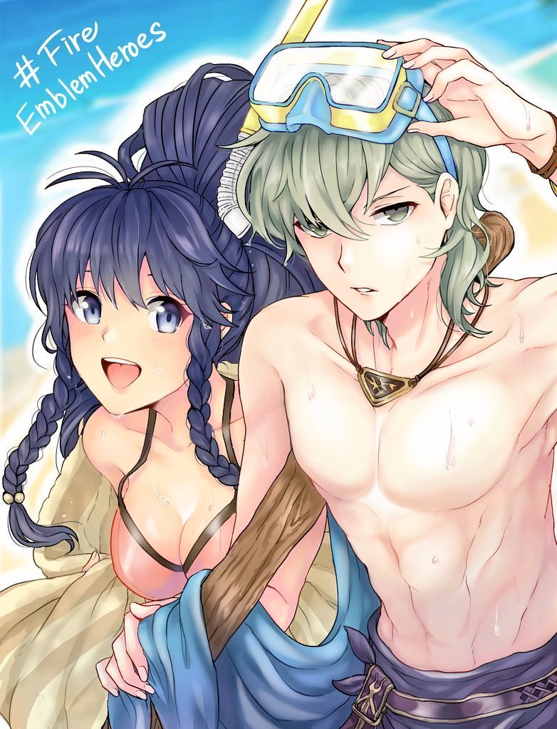 abs akina_(akn1819) blue_eyes blue_hair bracelet braid breasts brother_and_sister cleavage collarbone copyright_name fire_emblem fire_emblem:_seima_no_kouseki fire_emblem_heroes flag goggles goggles_on_head green_eyes green_hair innes jewelry long_hair looking_at_viewer medium_breasts necklace nintendo open_mouth ponytail shirtless short_hair siblings smile snorkel swimsuit tana towel twin_braids upper_body wet