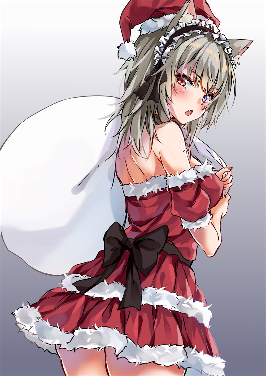 1girl animal_ears bobunemimimmi cat_ears eyebrows_visible_through_hair fang hat highres looking_at_viewer maid_headdress marisasu_(marisa0904) open_mouth pipimi sack santa_costume santa_hat