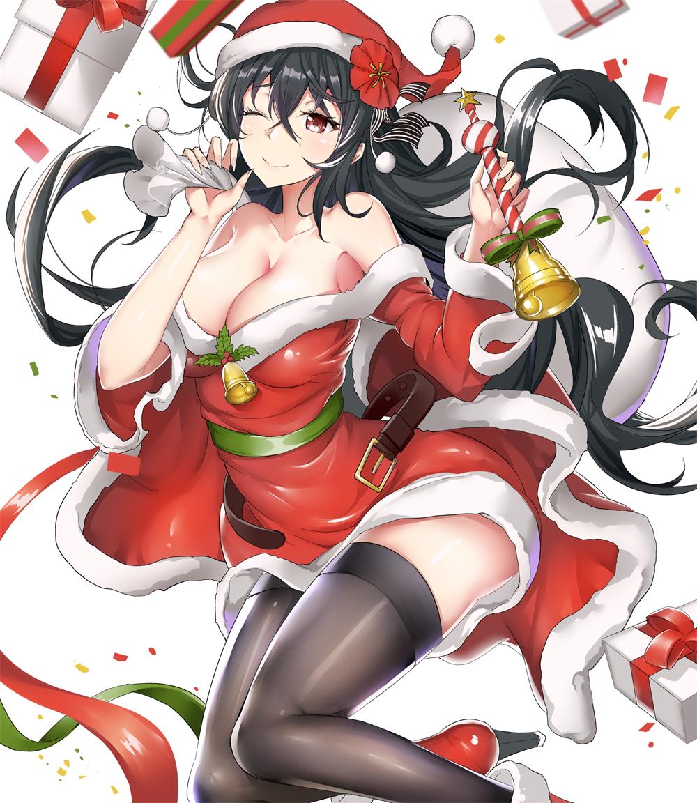 1girl azur_lane bangs bare_shoulders bell belt black_hair black_legwear blush boots box breasts cape christmas cleavage coat collarbone dress eyebrows_visible_through_hair fur-trimmed_boots fur-trimmed_coat fur_trim gift gift_box hair_between_eyes hat high_heel_boots high_heels large_breasts long_hair looking_at_viewer one_eye_closed red_cape red_dress red_eyes red_footwear sack santa_costume santa_hat simple_background smile solo strapless strapless_dress taihou_(azur_lane) thigh-highs very_long_hair white_background yusan