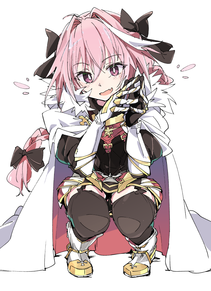 1boy astolfo_(fate) black_bow black_legwear blush boots bow braid cape eyebrows_visible_through_hair fang fate/apocrypha fate_(series) gauntlets hair_bow ixy long_hair looking_at_viewer male_focus open_mouth otoko_no_ko pink_eyes simple_background single_braid smile solo squatting thigh-highs white_background white_cape white_footwear