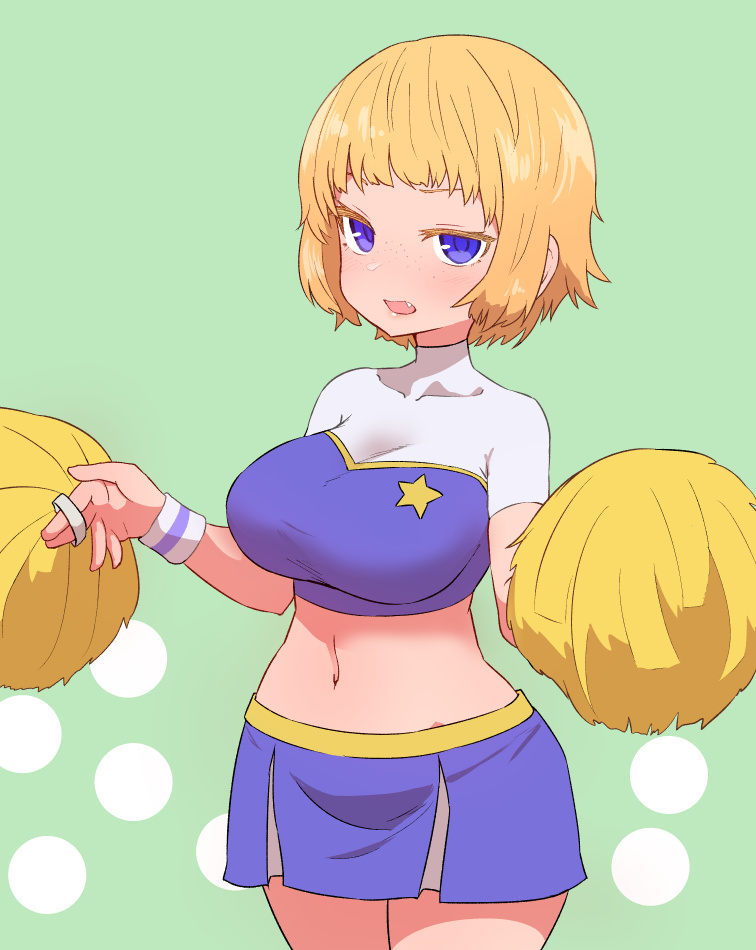 1girl blonde_hair breasts cheerleader cowboy_shot freckles green_background large_breasts legs_together looking_at_viewer midriff navel open_mouth original pom_pom_(clothes) purple_skirt short_hair simple_background skirt solo standing sumiyao_(amam) violet_eyes wristband