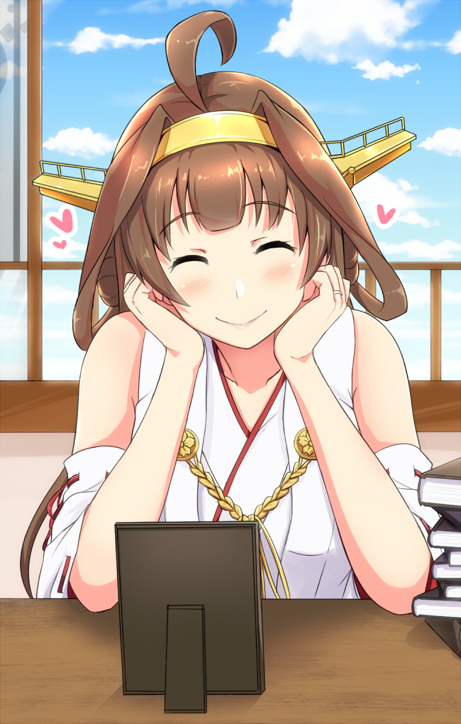 1girl ahoge blush book book_stack brown_hair chin_rest closed_eyes clouds collarbone commentary_request day desk detached_sleeves double_bun elbows_on_table heart heart-shaped_pupils kantai_collection kongou_(kantai_collection) long_hair nontraditional_miko open_window picture_frame ribbon-trimmed_sleeves ribbon_trim shigure_ryuunosuke smile solo symbol-shaped_pupils tassel window