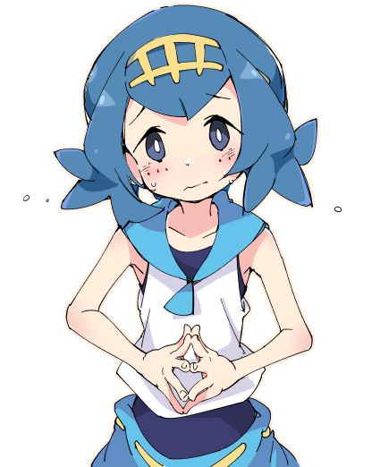 1girl blue_eyes blue_hair blue_pants blue_sailor_collar blush collarbone creatures_(company) flustered game_freak hairband hands_together head_tilt ixy jpeg_artifacts looking_at_viewer nintendo pants pokemon pokemon_(game) pokemon_sm sailor_collar shirt simple_background sleeveless sleeveless_shirt solo suiren_(pokemon) upper_body white_background white_shirt yellow_hairband