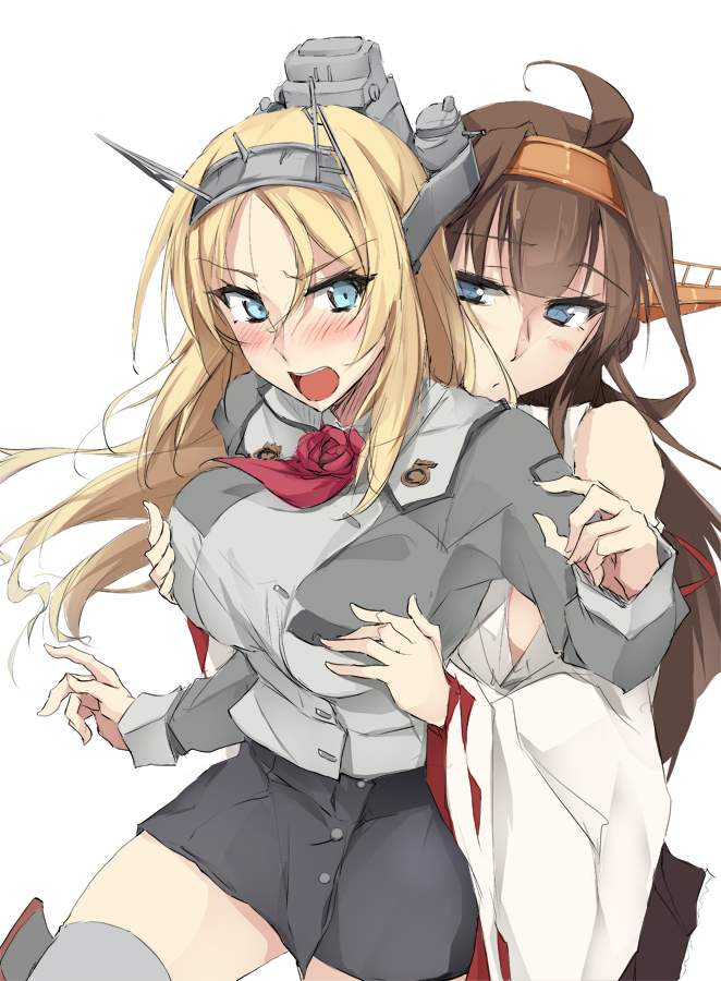 2girls black_skirt blonde_hair blue_eyes blush breast_grab breasts brown_hair check_commentary closed_mouth commentary commentary_request eyebrows_visible_through_hair grabbing hair_between_eyes headgear japanese_clothes kantai_collection kongou_(kantai_collection) large_breasts long_hair long_sleeves looking_at_another looking_at_viewer miniskirt multiple_girls nelson_(kantai_collection) open_mouth red_neckwear remodel_(kantai_collection) simple_background skirt yuri zekkyon