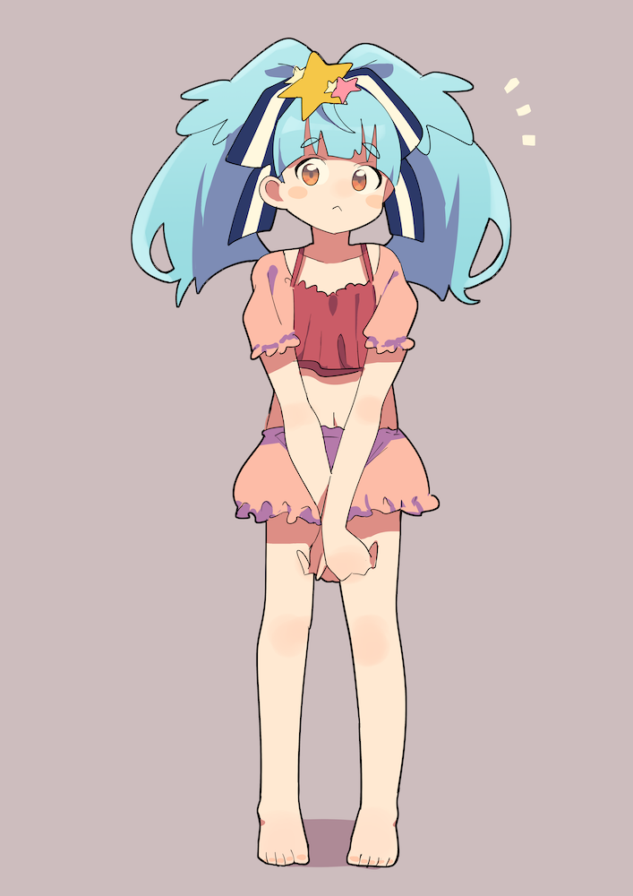 :&lt; blue_hair full_body hair_ornament hoshikawa_lily nakkasu simple_background solo star star_hair_ornament swimsuit twintails zombie_land_saga