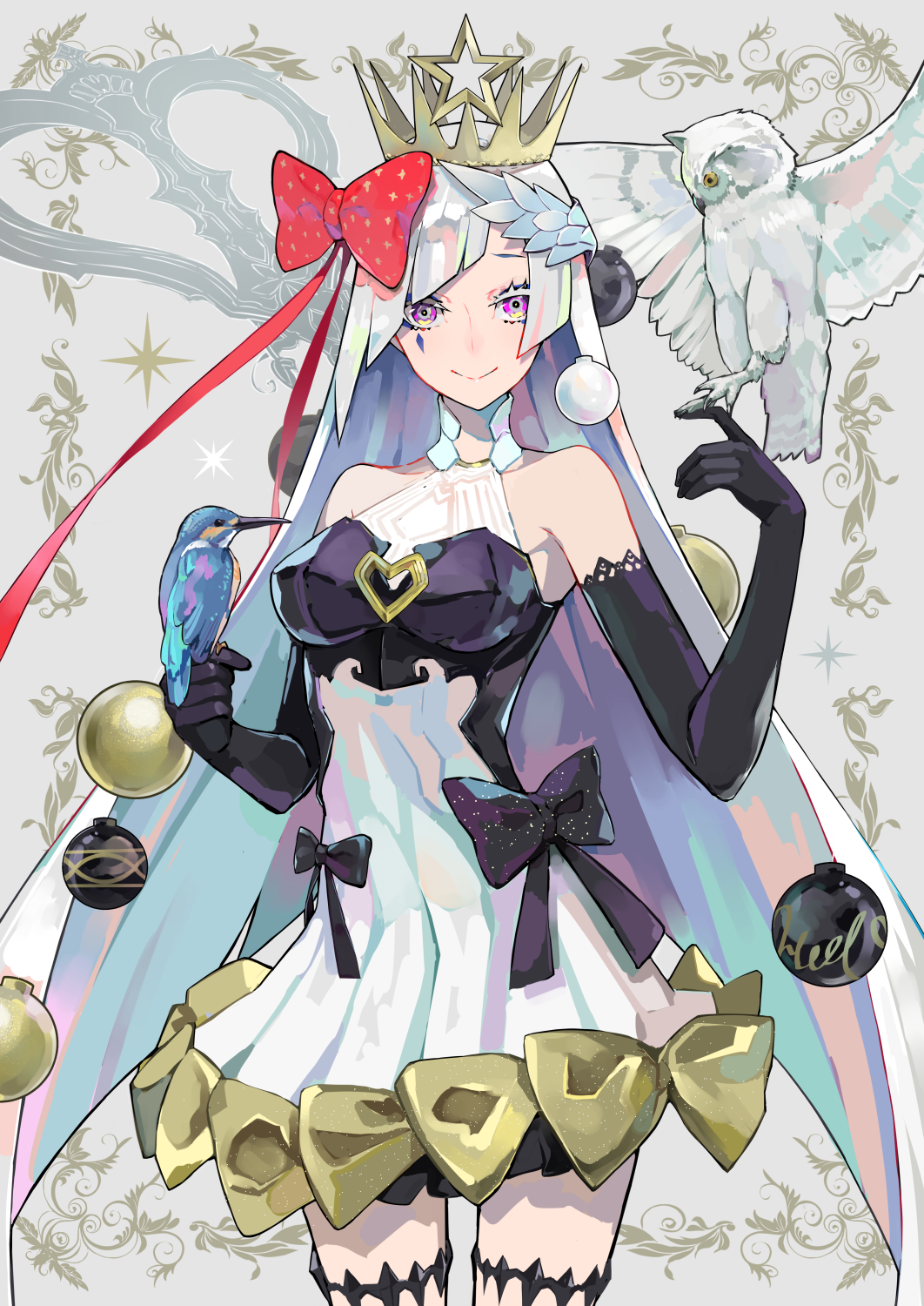 1girl animal animal_on_hand bare_shoulders bird bird_on_finger black_gloves blue_hair bow breasts brown_bow brynhildr_(fate) christmas_ornaments closed_mouth commentary_request cowboy_shot crown dress elbow_gloves fate/grand_order fate_(series) gloves hair_bow hands_up highres long_hair medium_breasts owl ram_(ramlabo) red_bow sleeveless sleeveless_dress smile solo very_long_hair white_dress