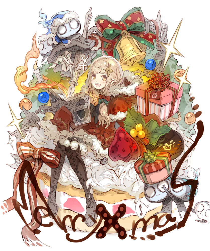 1girl :d bell blonde_hair bone book boots box cake candle capelet christmas christmas_ornaments cross-laced_footwear food fruit fur_trim gift gift_box hair_ornament haku_(sabosoda) hood hood_down little_red_riding_hood_(sinoalice) looking_at_viewer open_mouth sinoalice sleeves_past_wrists smile star star_hair_ornament strawberry thigh-highs thigh_boots yellow_eyes