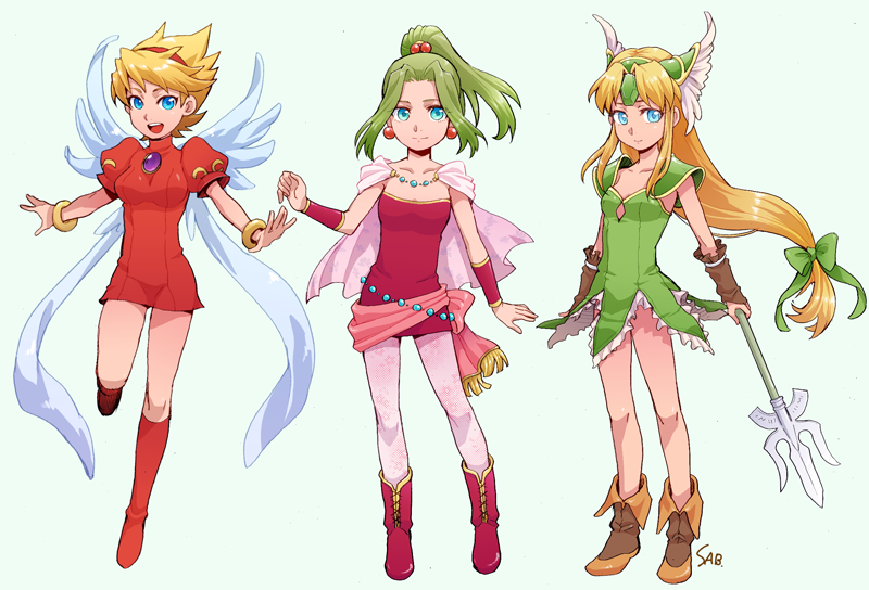 3girls angel_wings blonde_hair blue_eyes boots bow breasts breath_of_fire breath_of_fire_iii bridal_gauntlets brooch cape cleavage commentary_request crossover detached_sleeves dress earrings elbow_gloves final_fantasy final_fantasy_vi forehead_jewel gloves graphite_(medium) green_dress green_hair hairband helmet jewelry long_hair low-tied_long_hair multiple_girls nina_(breath_of_fire_iii) nishizawa_saburou pantyhose polearm ponytail ribbon riesz seiken_densetsu seiken_densetsu_3 short_hair spear tina_branford traditional_media very_long_hair weapon white_wings winged_helmet wings