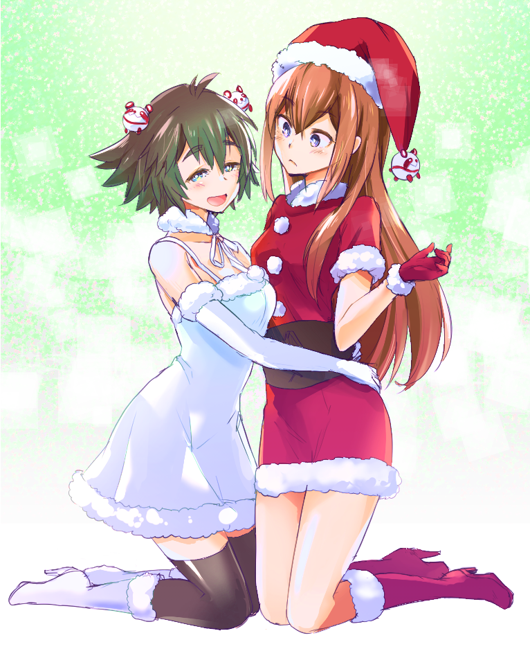 2girls ahoge arm_warmers black_hair black_legwear blue_eyes blush boots breasts brown_hair corset dress eyebrows_visible_through_hair fur-trimmed_dress fur_collar fur_trim gloves hat high_heel_boots high_heels hug long_hair looking_at_another looking_at_viewer makise_kurisu medium_breasts mori_yayura multiple_girls open_mouth pom_pom_(clothes) red_footwear red_gloves santa_costume santa_hat shiina_mayuri short_hair short_sleeves sleeveless small_breasts smile spiky_hair steins;gate straight_hair thick_eyebrows thigh-highs upa_(steins;gate) white_dress white_footwear white_gloves