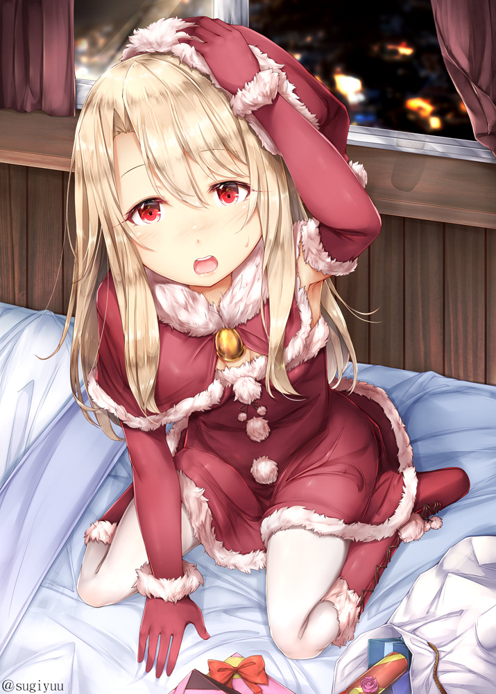 1girl bag bell blonde_hair boots breasts capelet christmas commentary_request dress elbow_gloves fate_(series) full_body fur_trim gift gloves hair_between_eyes hand_on_own_head hat illyasviel_von_einzbern indoors knee_boots long_hair looking_at_viewer night on_bed open_mouth pantyhose pom_pom_(clothes) red_capelet red_dress red_eyes red_footwear red_gloves santa_costume santa_hat seiza sitting sitting_on_bed small_breasts solo sugiyuu upper_teeth white_legwear