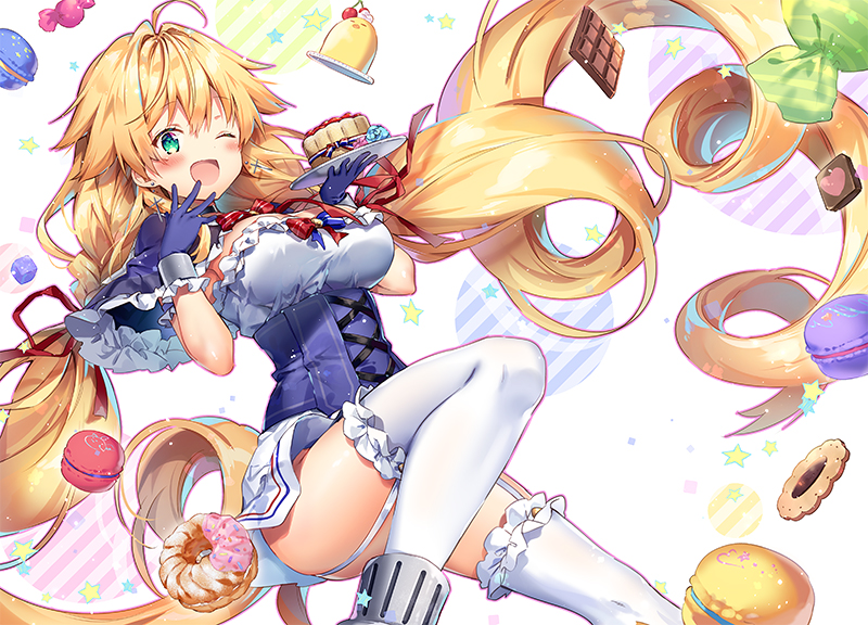 1girl ahoge ass azur_lane bangs blonde_hair blush braid breasts cake candy capelet chocolate_bar doughnut food garter_straps gloves green_eyes hand_up holding holding_plate large_breasts le_temeraire_(azur_lane) long_hair looking_at_viewer low-tied_long_hair macaron one_eye_closed open_mouth plate red_ribbon ribbon riichu sidelocks skirt smile solo thigh-highs twin_braids underbust very_long_hair white_legwear