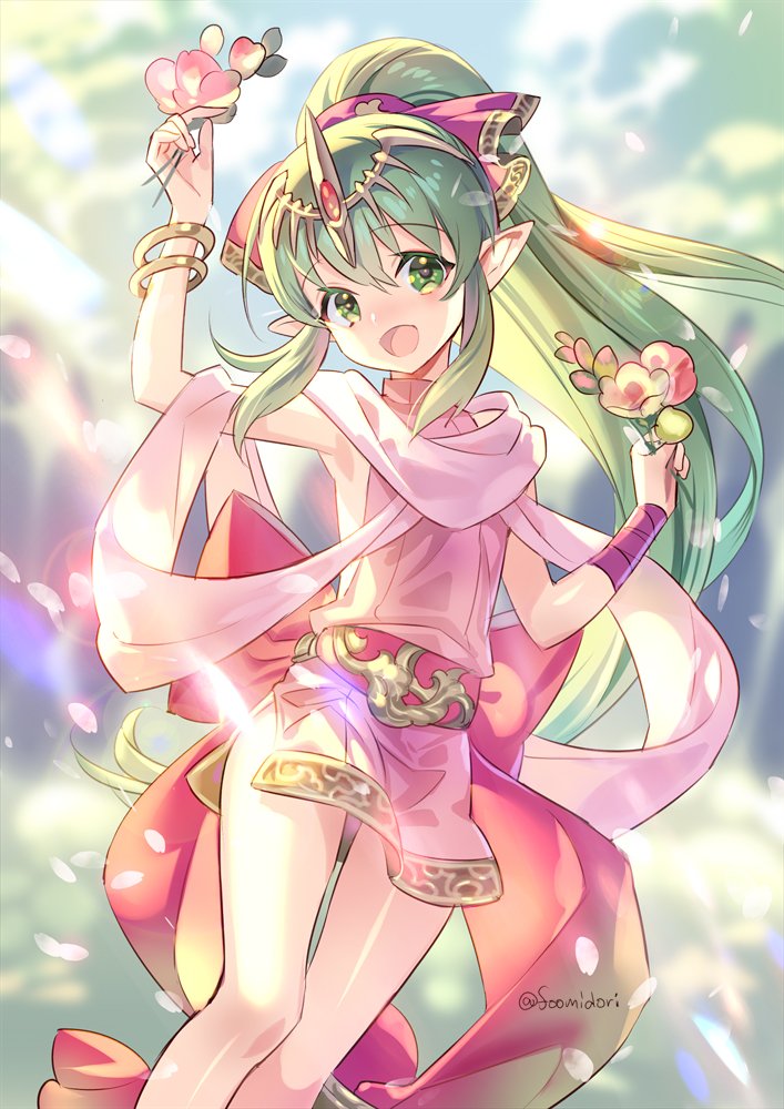 1girl bracelet cape chiki child circlet dragon dress fire_emblem fire_emblem:_mystery_of_the_emblem green_eyes green_hair jewelry long_hair mamkute midori_fuu nintendo open_mouth pink_dress pink_legwear pointy_ears ponytail short_dress side_slit smile solo tiara young