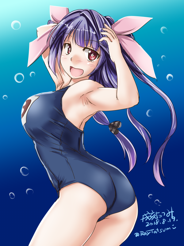 1girl armpits ass back blue_hair blue_swimsuit blush breasts cowboy_shot dated fang hair_ribbon hands_on_head i-19_(kantai_collection) kantai_collection large_breasts long_hair looking_at_viewer name_tag one-piece_swimsuit open_mouth red_eyes ribbon school_swimsuit smile solo star swimsuit swimsuit_under_clothes symbol-shaped_pupils tatsumi_ray twintails twitter_username underwater