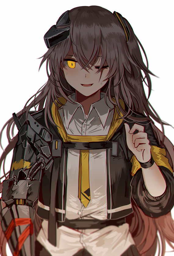 bangs blush brown_hair girls_frontline hair_between_eyes hair_ornament headgear jacket long_hair looking_at_viewer mechanical_arm mod3_(girls_frontline) one-eyed one_side_up open_clothes open_jacket scar scar_across_eye shirt silence_girl smile ump45_(girls_frontline) untucked_shirt upper_body white_shirt wristband yellow_eyes