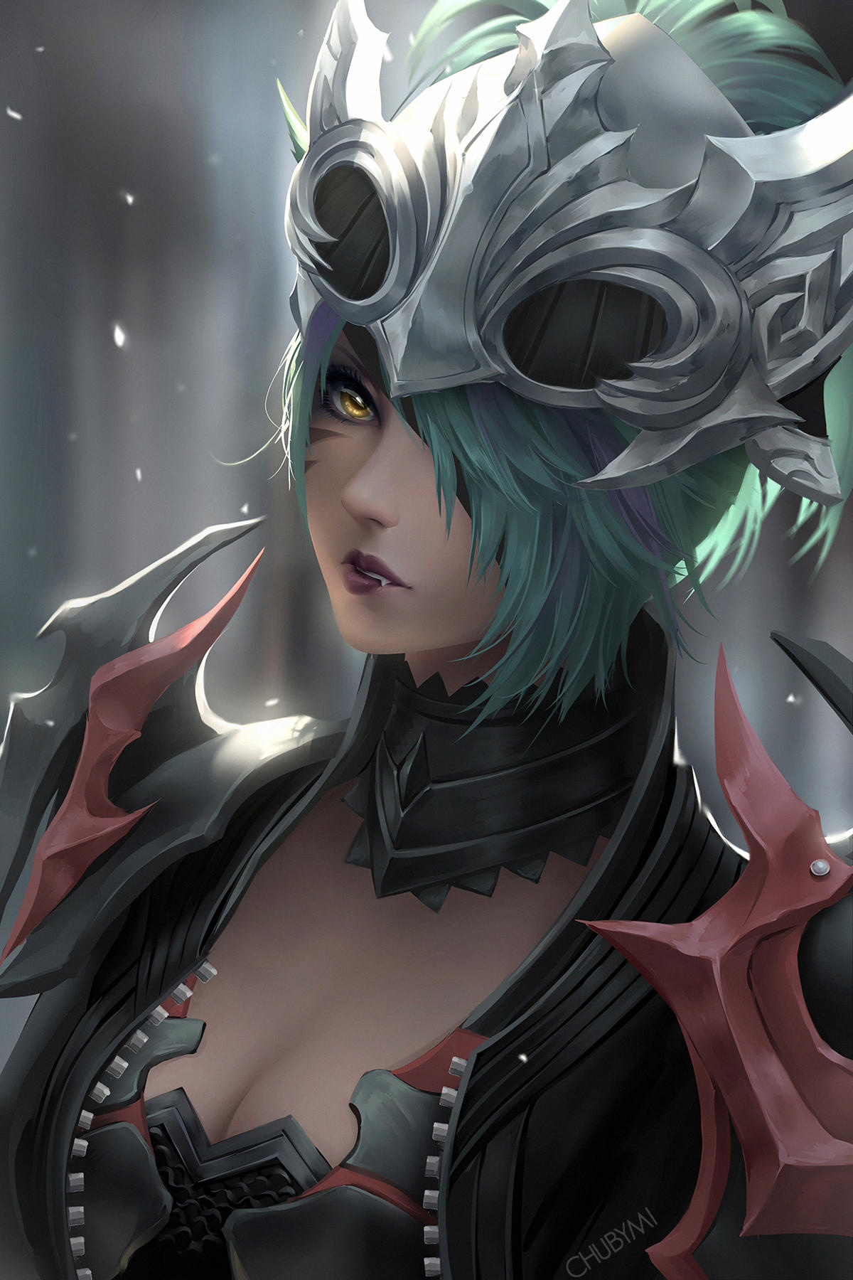 1girl animal_ears aqua_hair artist_name bandage_over_one_eye biting blurry blurry_background breasts cat_ears choker chuby_mi cleavage facial_mark final_fantasy final_fantasy_xiv helmet highres lip_biting lips looking_at_viewer medium_breasts miqo'te multicolored_hair pauldrons portrait short_hair shoulder_armor shoulder_spikes solo spikes two-tone_hair yellow_eyes