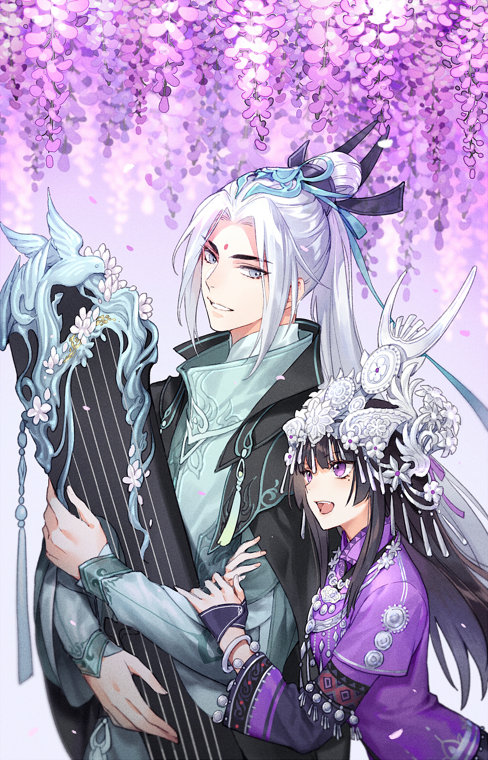 1boy 1girl :d bangs black_hair blue_eyes bracelet chinese_clothes coat commentary_request dress eyebrows_visible_through_hair facial_mark flower forehead_mark from_side gloves hair_bun hair_ribbon headpiece height_difference highres holding holding_instrument instrument jewelry jian_xia_qing_yuan_online_3 kangetsu_(fhalei) locked_arms long_hair mole mole_under_eye open_mouth parted_bangs ponytail purple_dress purple_flower ribbon smile violet_eyes white_hair