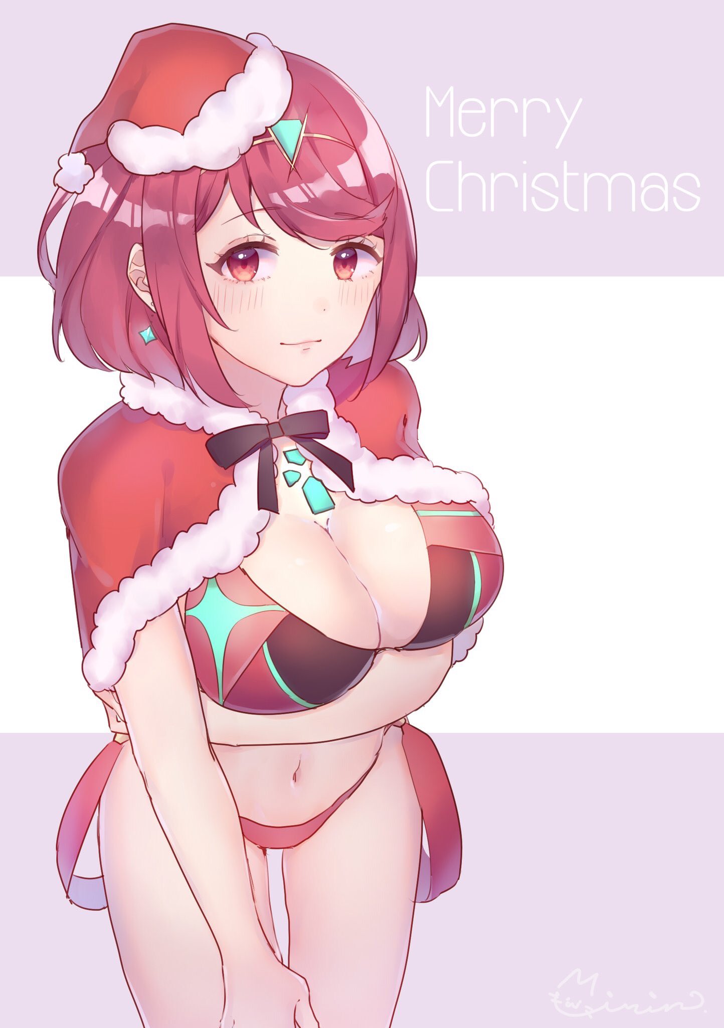 1girl bangs bare_shoulders bikini blush breasts cape christmas covered_navel earrings fingerless_gloves gloves hat headpiece highres pyra_(xenoblade) jewelry large_breasts looking_at_viewer mirin. nintendo red_eyes redhead santa_costume short_hair shoulder_armor smile solo swept_bangs swimsuit tiara xenoblade_(series) xenoblade_2