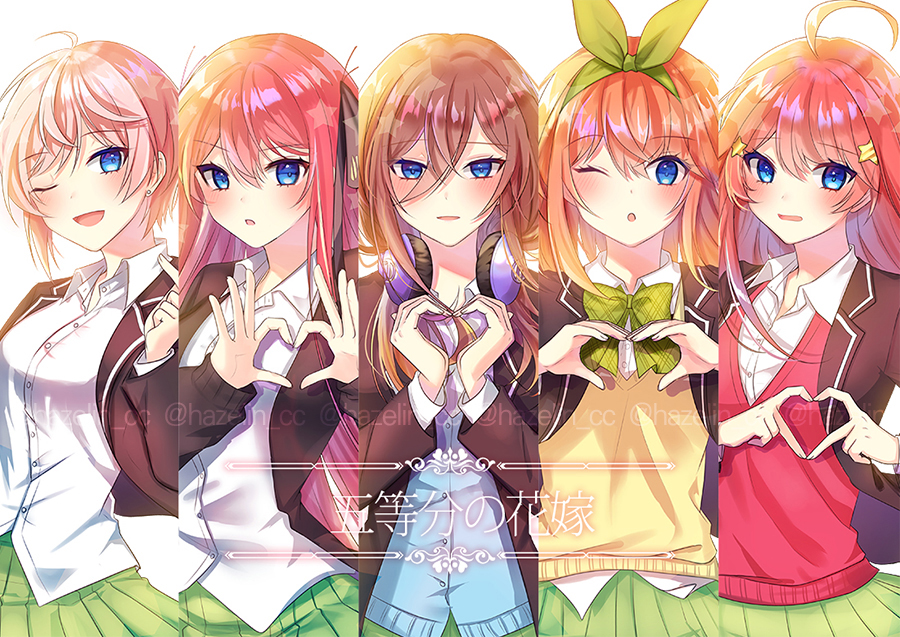 5girls 723/nanahumi :d ;d ;o ahoge bangs blazer blue_cardigan blue_eyes blush bow breasts brown_bow brown_hair brown_jacket cardigan collared_shirt dress_shirt eyebrows_visible_through_hair fingernails go-toubun_no_hanayome green_bow green_hairband green_ribbon green_skirt hair_between_eyes hair_bow hair_ornament hair_ribbon hairband headphones headphones_around_neck heart heart_hands jacket multiple_girls nakano_ichika nakano_itsuki nakano_miku nakano_nino nakano_yotsuba one_eye_closed open_blazer open_clothes open_jacket open_mouth parted_lips plaid plaid_bow pleated_skirt redhead ribbon school_uniform shirt siblings sisters skirt small_breasts smile star star_hair_ornament sweater_vest twitter_username watermark white_background white_shirt