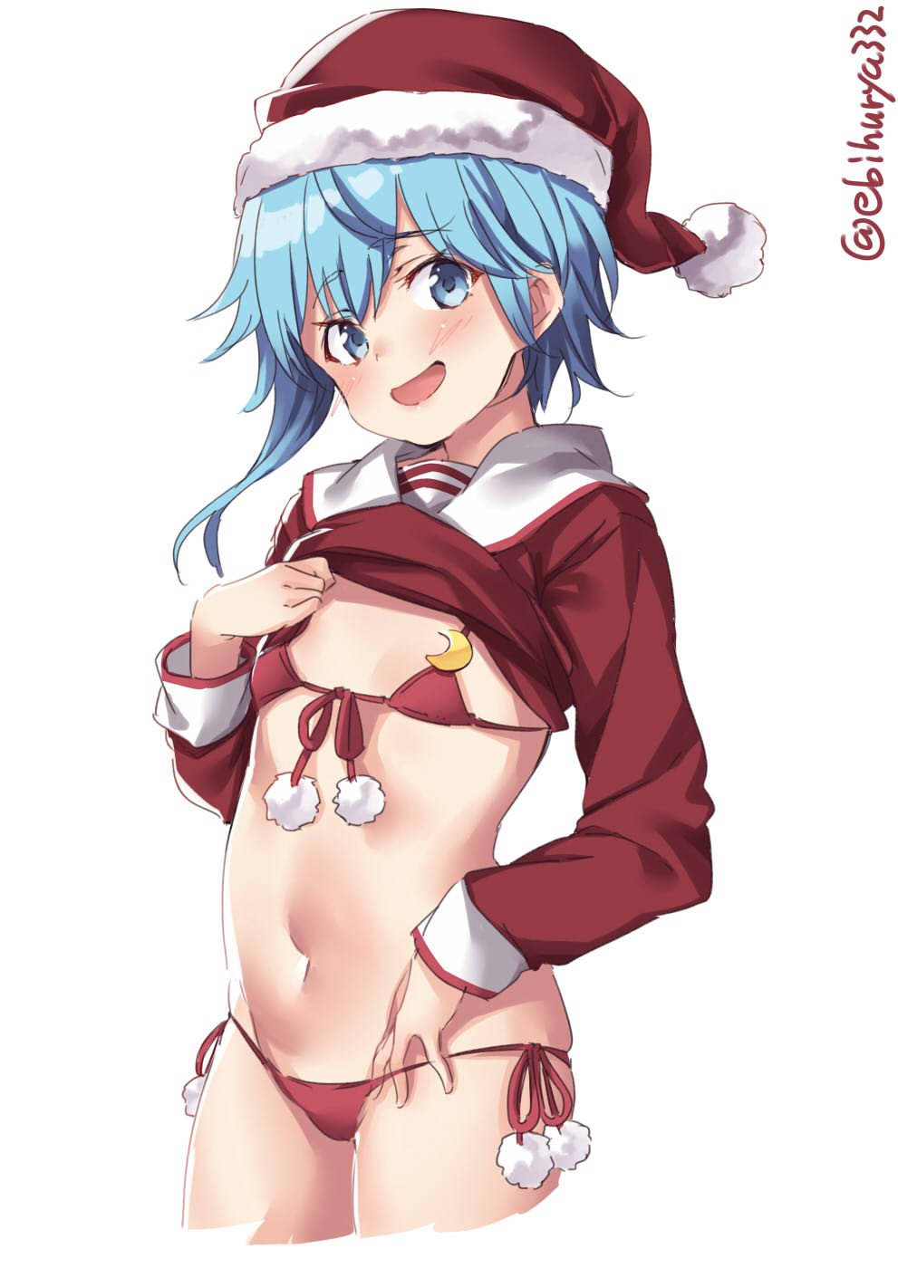 1girl asymmetrical_hair bikini bikini_under_clothes blue_eyes blue_hair cowboy_shot cropped_legs ebifurya eyebrows_visible_through_hair flat_chest front-tie_top fur-trimmed_hat fur_trim hat highres kantai_collection lifted_by_self looking_at_viewer micro_bikini minazuki_(kantai_collection) navel open_mouth pom_pom_(clothes) red_bikini red_shirt sailor_collar sailor_shirt santa_hat shirt shirt_lift short_hair side-tie_bikini simple_background solo standing swimsuit swimsuit_under_clothes twitter_username white_background white_sailor_collar