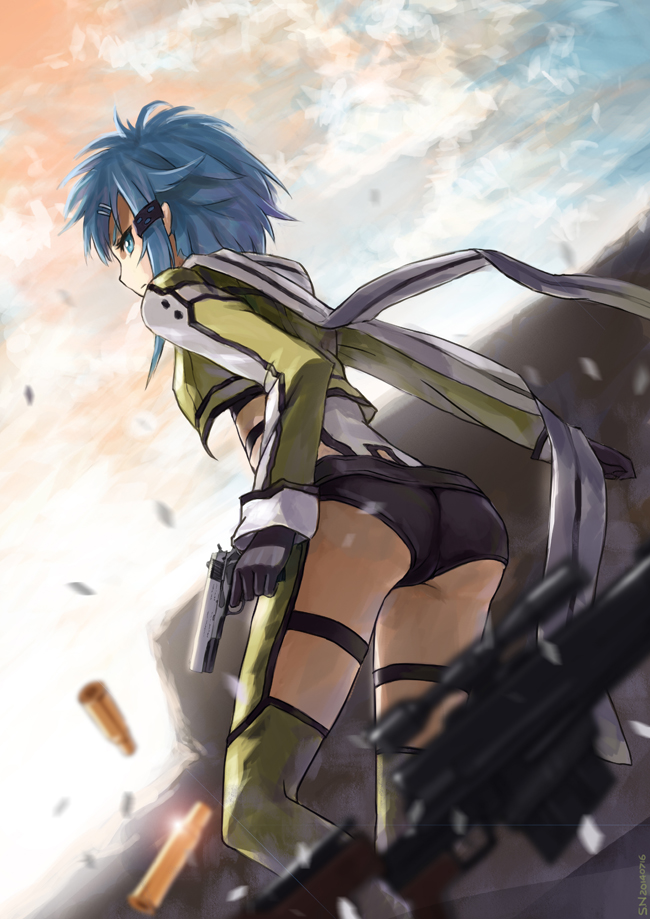 1girl ass black_gloves black_shorts blue_eyes blue_hair bullet cartridge gloves green_jacket green_legwear gun hair_ornament hairclip holding holding_gun holding_weapon jacket long_sleeves micro_shorts open_clothes open_jacket outdoors pgm_hecate_ii rifle sgtxiaoxin short_hair shorts sidelocks sinon sniper_rifle solo standing sword_art_online thigh-highs thigh_strap weapon