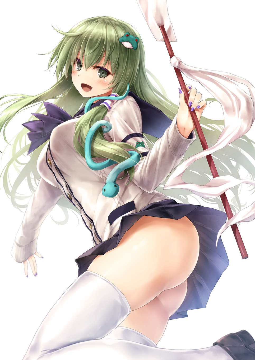 1girl alternate_costume ass bangs black_footwear black_skirt blush breasts cardigan commentary_request eyebrows_visible_through_hair fingernails frog_hair_ornament gohei green_eyes green_hair hair_ornament hair_tubes highres holding kochiya_sanae large_breasts long_hair long_sleeves looking_at_viewer miniskirt nail_polish no_panties oonusa purple_nails purple_neckwear school_uniform shoes simple_background skirt smile snake_hair_ornament solo suien thigh-highs touhou very_long_hair white_background white_legwear