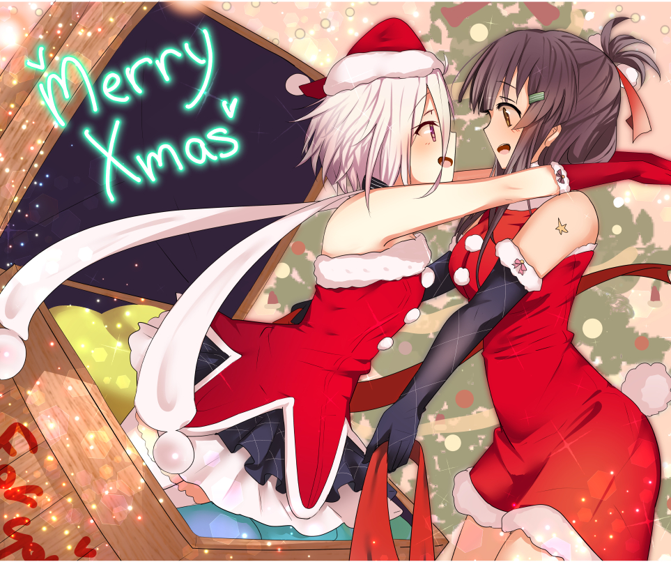 80mph ahoge arms_around_neck black_hair blush bunny_tail choker christmas_lights christmas_ornaments christmas_present christmas_tree commentary couple crate cushion elbow_gloves folded_ponytail fur-trimmed_dress fur-trimmed_gloves fur-trimmed_hat fur_trim gloves hair_ornament hair_ribbon hairclip hat incoming_hug itomi_sayaka long_hair merry_christmas open_mouth ribbon santa_costume santa_gloves santa_hat scarf short_hair skirt sparkle sparkle_background tail thigh-highs toji_no_miko underskirt white_hair white_legwear yanase_mai yuri zettai_ryouiki