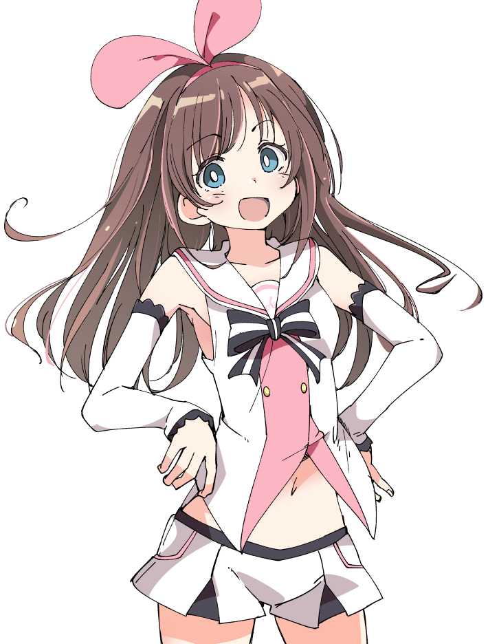 1girl :d a.i._channel arm_warmers armpits black_bow black_neckwear bow bowtie brown_hair cowboy_shot eyebrows_visible_through_hair hair_ribbon hairband hands_on_hips ixy kizuna_ai long_hair looking_at_viewer multicolored_hair navel open_mouth pink_hair pink_hairband pink_ribbon ribbon shirt short_shorts shorts simple_background sleeveless sleeveless_shirt smile solo streaked_hair striped striped_neckwear two-tone_hair virtual_youtuber white_background white_bow white_neckwear white_shorts