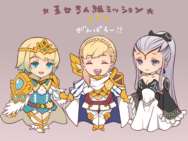 3girls armor blonde_hair blue_eyes blue_hair braid breasts cape chibi cleavage closed_eyes closed_mouth crown crown_braid detached_sleeves dress earrings eir_(fire_emblem) fire_emblem fire_emblem_heroes fjorm_(fire_emblem_heroes) gloves gradient_hair grey_background grey_eyes grey_hair hair_ornament hand_holding jewelry long_hair long_sleeves multicolored_hair multiple_girls nintendo open_mouth ponytail renkonmatsuri sharena short_dress short_hair simple_background skirt smile