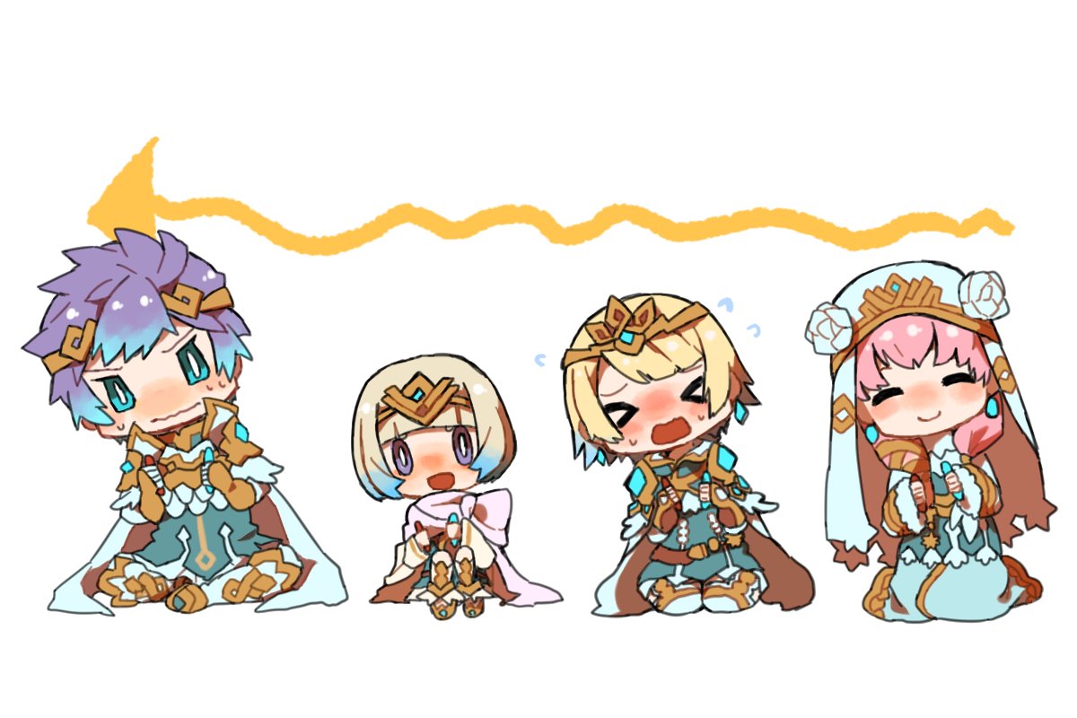 &gt;_&lt; 1boy 3girls armor blonde_hair blue_eyes blue_hair brother_and_sister cape chibi closed_eyes closed_mouth crown dress earrings fire_emblem fire_emblem_heroes fjorm_(fire_emblem_heroes) gradient_hair gunnthra_(fire_emblem) hair_ornament hrid_(fire_emblem_heroes) jewelry long_hair long_sleeves multicolored_hair multiple_girls nintendo open_mouth pink_hair short_hair shunrai siblings silver_hair simple_background sisters sitting smile spiky_hair tiara veil wavy_mouth white_background white_hair ylgr_(fire_emblem_heroes)