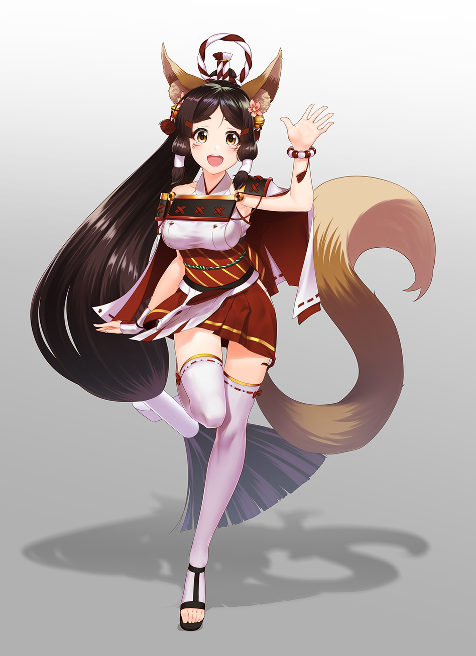 1girl :d animal_ear_fluff animal_ears arm_at_side bangs bare_shoulders bell black_hair blush bracelet breasts commentary_request eyebrows_visible_through_hair flower fox_ears fox_tail full_body gradient gradient_background grey_background hair_bell hair_flower hair_ornament hair_tubes hand_up highres jewelry jingle_bell kagiyama_(gen'ei_no_hasha) long_hair looking_at_viewer medium_breasts obi open_mouth original parted_bangs pink_flower platform_footwear red_skirt round_teeth sandals sash skirt smile solo standing standing_on_one_leg tail tassel teeth thick_eyebrows thigh-highs very_long_hair waving whisker_markings white_legwear yellow_eyes zettai_ryouiki