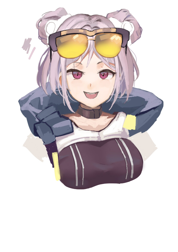 1girl :d bangs belt_collar breasts collar commentary english_commentary eyewear_on_head girls_frontline hood hood_down kion-kun large_breasts looking_at_viewer open_mouth p90_(girls_frontline) purple_hair round_teeth short_hair smile solo sunglasses teeth violet_eyes