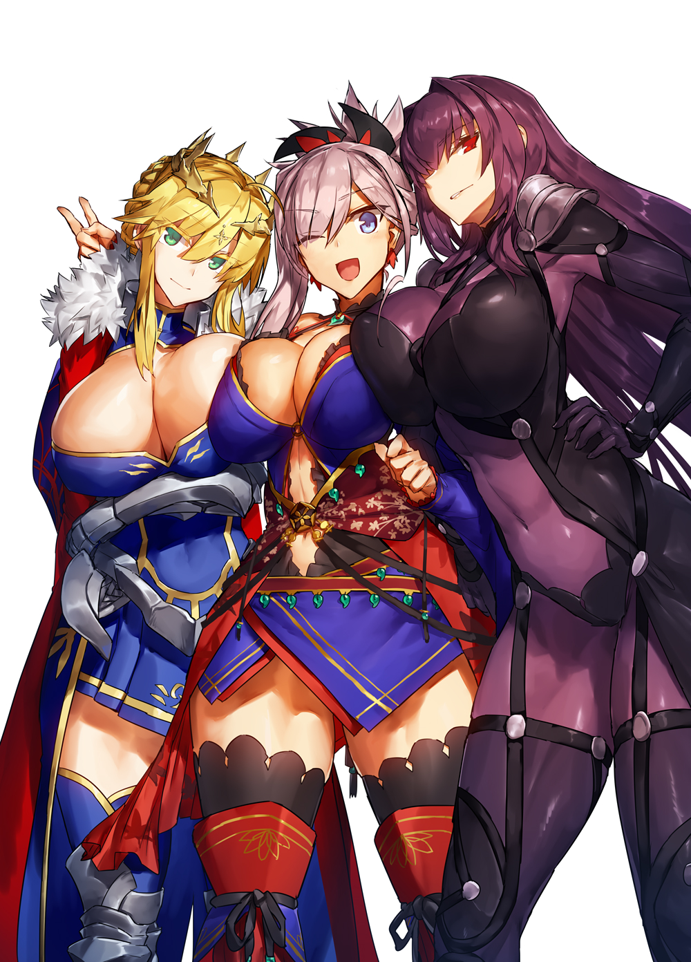 3girls :d armor artoria_pendragon_(all) artoria_pendragon_(lancer) black_legwear blue_eyes blue_kimono bodysuit braid breast_press breasts cape cleavage commentary_request covered_navel crown detached_sleeves earrings fate/grand_order fate_(series) french_braid fur_collar gauntlets hair_intakes hair_ornament highres japanese_clothes jewelry kimono large_breasts long_hair looking_at_viewer melon22 miyamoto_musashi_(fate/grand_order) multiple_girls navel_cutout one_eye_closed open_mouth pink_hair ponytail purple_bodysuit purple_hair red_eyes scathach_(fate)_(all) scathach_(fate/grand_order) shoulder_armor sidelocks sleeveless sleeveless_kimono smile thigh-highs v wide_sleeves yamoge
