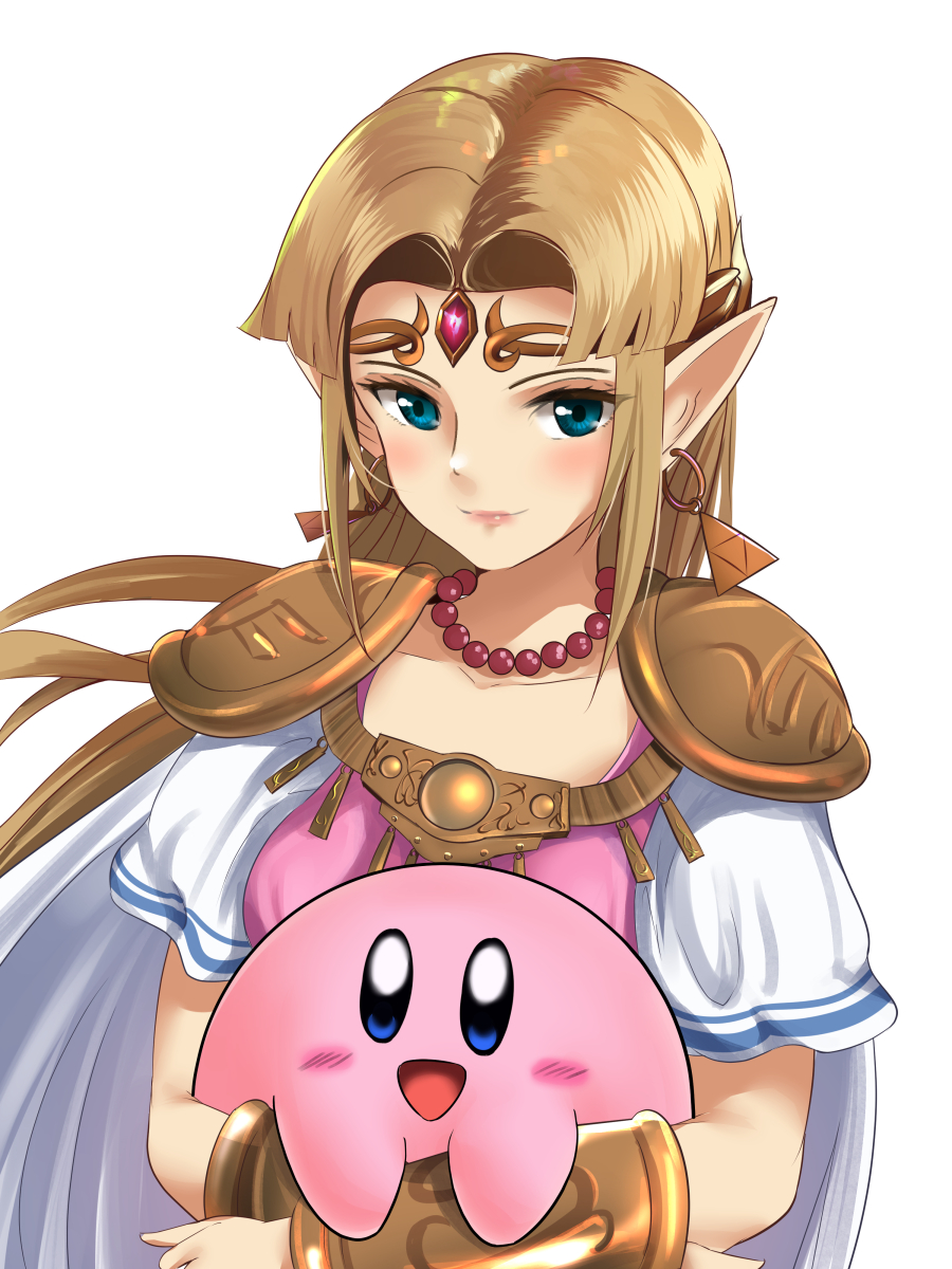 1girl 1other :d blonde_hair blue_eyes blush commentary_request earrings highres hoshi_no_kirby hug jewelry kirby kirby_(series) long_hair looking_at_viewer necklace nintendo open_mouth pearl_necklace pointy_ears princess_zelda schreibe_shura shoulder_pads simple_background smile super_smash_bros. super_smash_bros._ultimate the_legend_of_zelda the_legend_of_zelda:_a_link_to_the_past triforce vambraces white_background