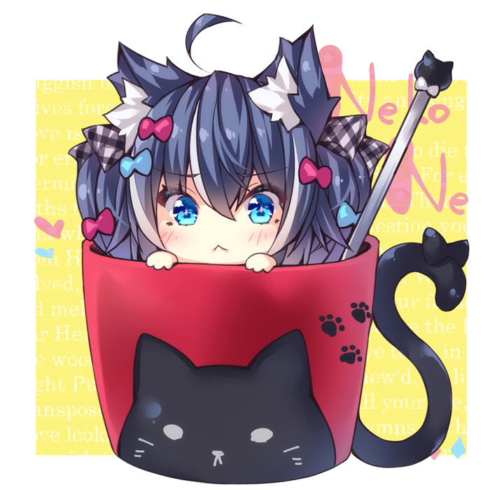 1girl :&lt; ahoge animal_ear_fluff animal_ears blue_bow blue_eyes blue_hair blush bow cat_ears chibi closed_mouth commentary_request cup hair_bow in_container in_cup long_hair minigirl multicolored_hair ooji_cha original plaid plaid_bow red_bow sidelocks solo streaked_hair twintails white_hair