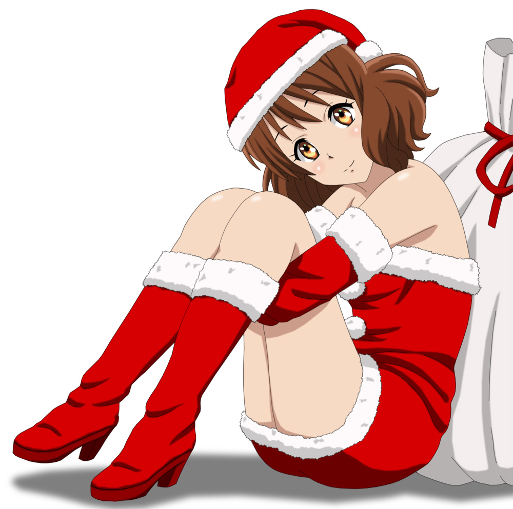 1girl boots brown_hair cp9a detached_sleeves dress from_side full_body fur-trimmed_boots fur-trimmed_dress fur-trimmed_hat fur-trimmed_sleeves fur_trim gift_bag hat head_tilt hibike!_euphonium high_heel_boots high_heels leg_hug long_hair looking_at_viewer oumae_kumiko red_dress red_footwear red_hat red_ribbon red_sleeves ribbon santa_boots santa_costume santa_hat shiny shiny_skin short_dress simple_background sitting sleeveless sleeveless_dress smile solo strapless strapless_dress white_background yellow_eyes
